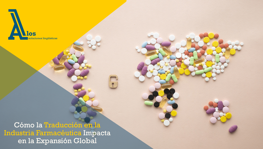 Mapa del mundo formado con pastillas, representando la globalización y la necesidad de traducción en la industria farmacéutica