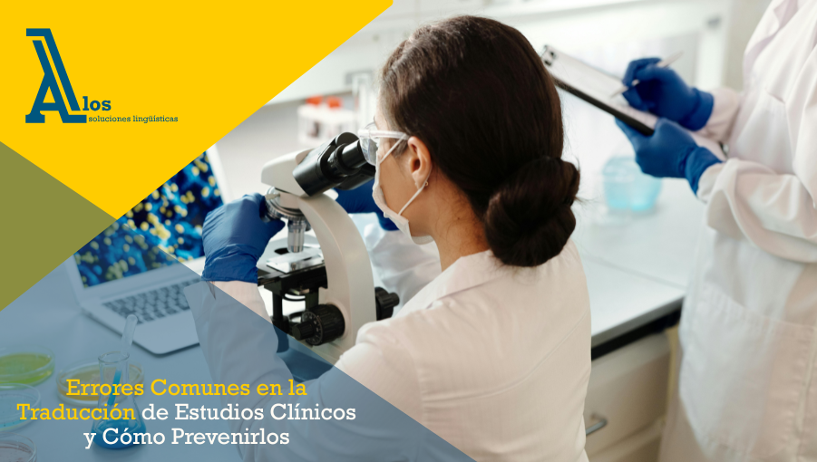 Investigadora observando muestras en microscopio durante ensayo clínico, previniendo errores traducción estudios clínicos