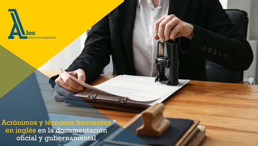 Persona estampando un sello sobre documento legal junto al logo de Alos Soluciones Lingüísticas