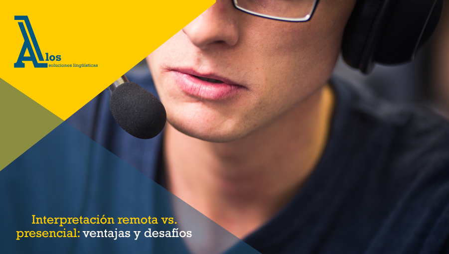 Intérprete profesional con auriculares y micrófono durante una sesión de interpretación remota vs. presencial.