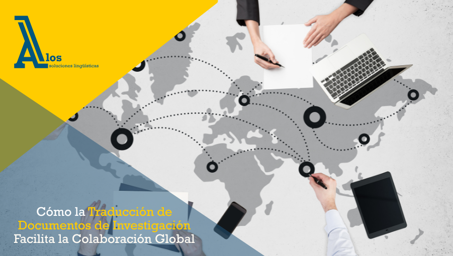 Infografía con mapa mundial y manos trabajando, representando la colaboración internacional mediante traducción de documentos de investigación