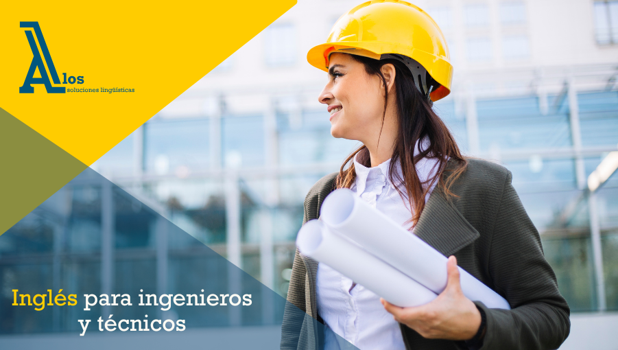 Ingeniera sonriente con casco amarillo y planos, ejemplo de profesional que aplica inglés para ingenieros y técnicos en el campo.