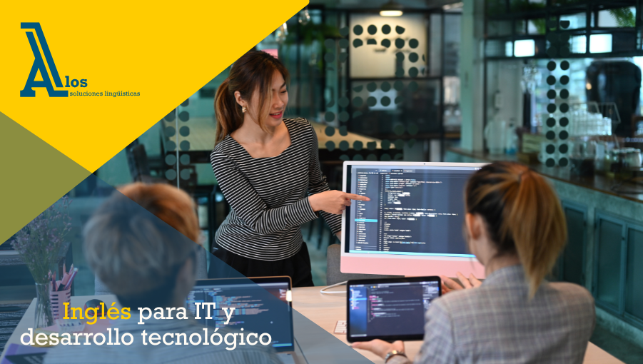 Profesionales IT trabajando con código en inglés durante una formación sobre inglés para IT y desarrollo tecnológico.