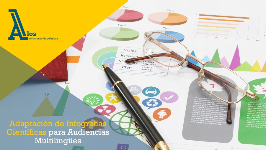 Infografía con gráficos, iconos y datos acompañada de gafas y bolígrafo como símbolo del proceso de adaptación de infografías científicas multilingües.