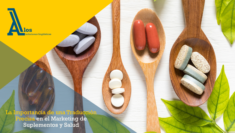 Suplementos sobre cucharas de madera junto al logotipo de Alos, destacando la traducción profesional en marketing de salud
