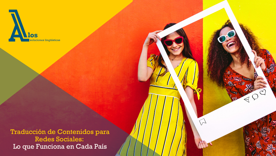 Mujeres sonrientes con marco de red social ilustran la traducción de contenidos para redes sociales adaptada a cada cultura.