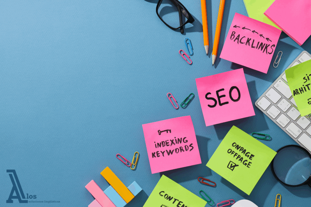 Notas adhesivas con términos clave de SEO como “Backlinks”, “Indexing Keywords” y “Onpage Offpage”, ideales para ilustrar cómo traducir y posicionar contenido multilingüe.