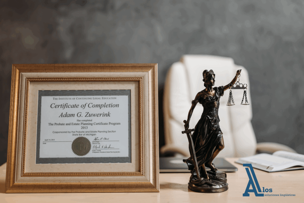 Certificado enmarcado y estatua de la justicia sobre escritorio legal, representando la importancia de las certificaciones de idiomas para abogados.

