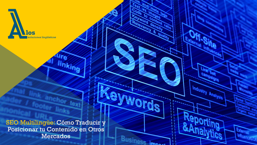 Ilustración del concepto de SEO multilingüe con palabras clave y etiquetas para posicionar contenido en varios idiomas